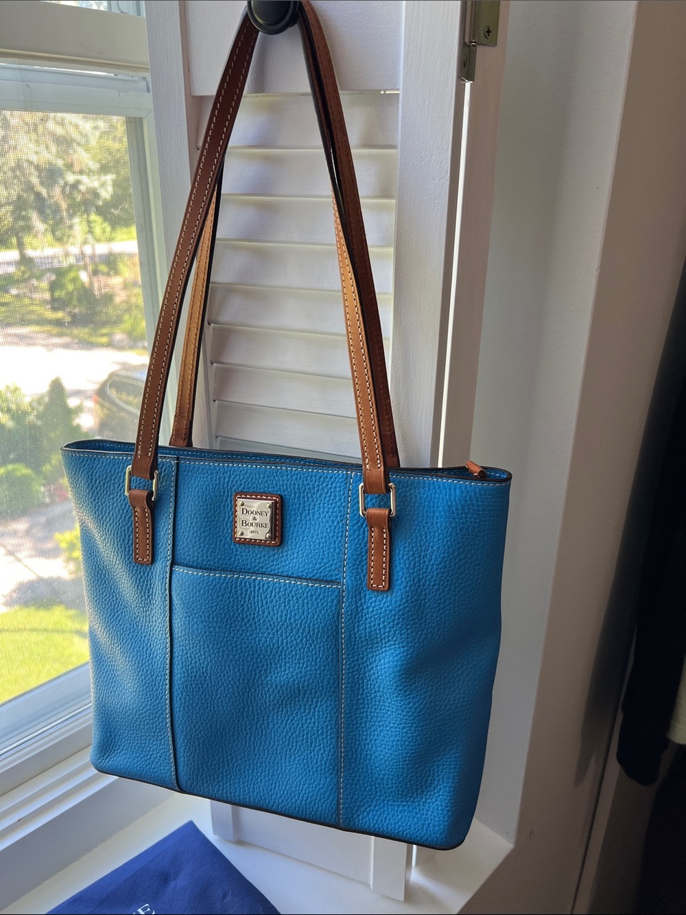 Dooney & Bourke Blue Leather Lexington Tote with Brown Straps